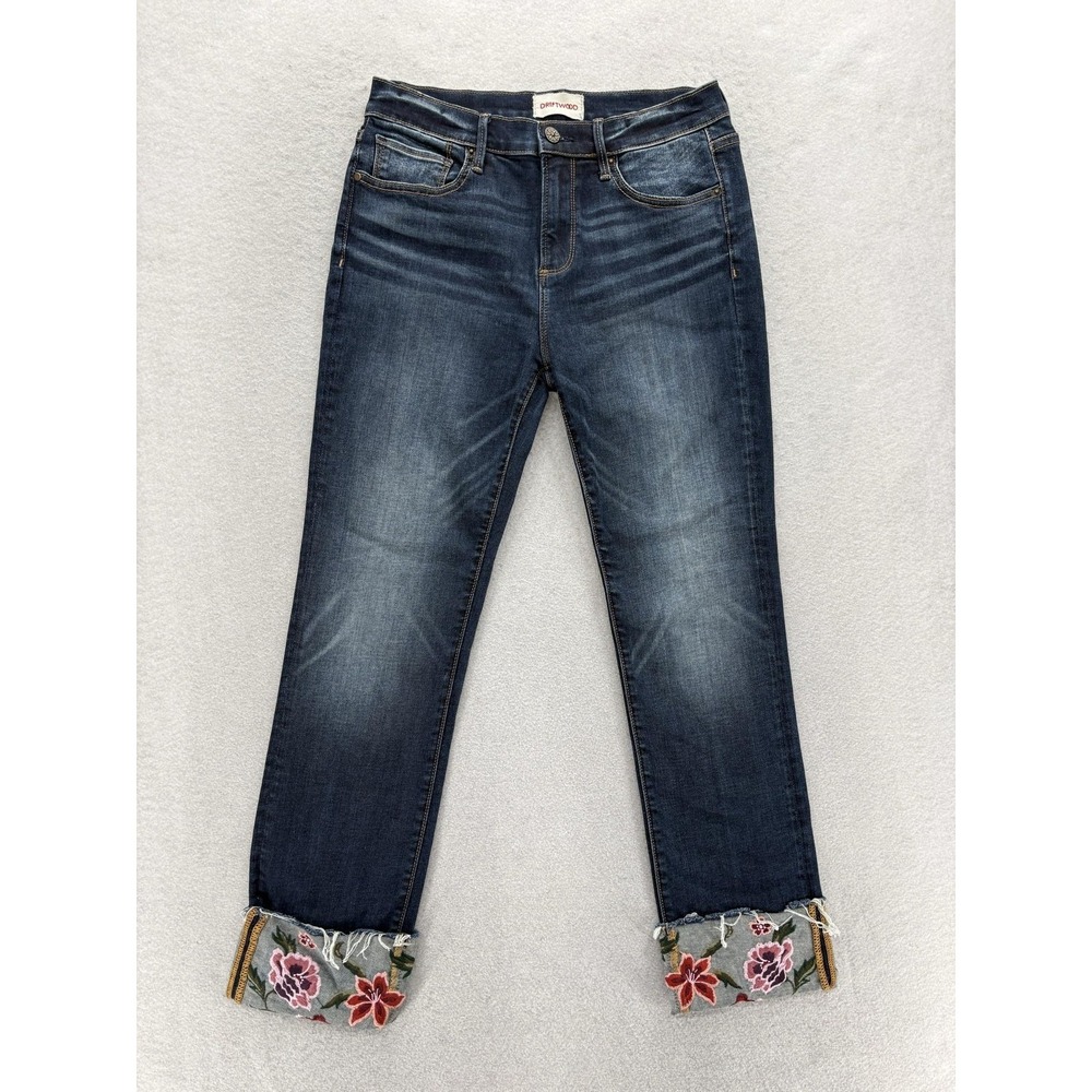 Driftwood Colette Cuffed Straight Jeans Womens 28 Blue Embroidered Floral Boho